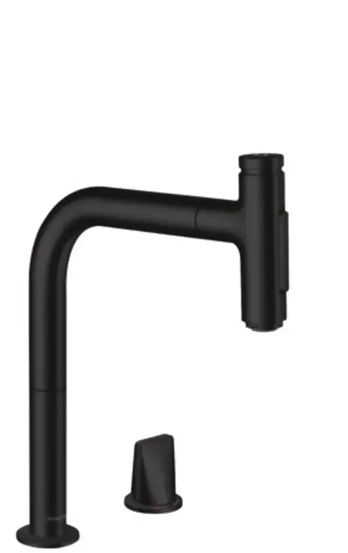 Schwarze Küchenarmatur von Hansgrohe mit einem hohen, geschwungenen Auslauf und einem separaten Hebel zur Wassersteuerung. Die Ausziehbrause ist im Bild erkennbar.